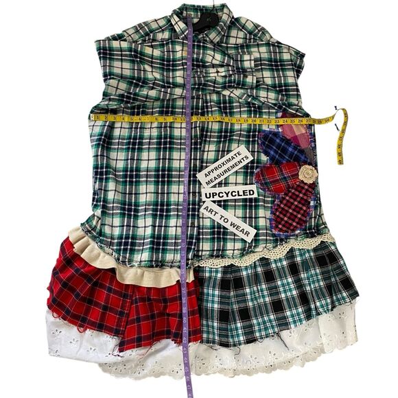Flannel Shirt Womens 3X Duster Shacket Green Cottage Grunge Art Upcycle Peasant - Picture 4 of 16